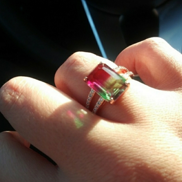 🍉Rose Gold Emerald Cut Watermelon Tourmaline Ring - Picture 3 of 4